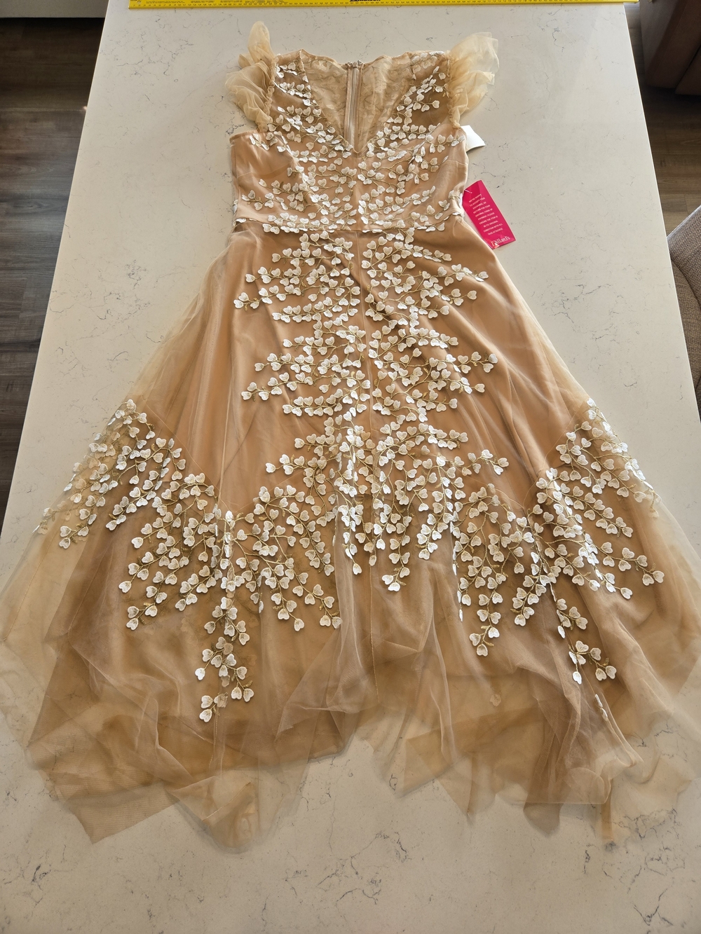 Alex Marie Kate Embroidered Mesh Midi Dress Natura Gold NWT Size 10